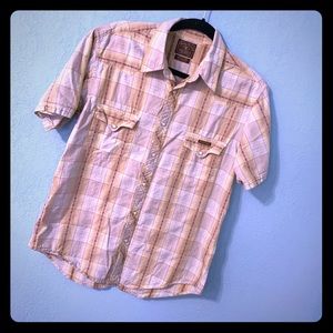 Lucky Brand Dungaree Brown Yellow Plaid Pearl Snap